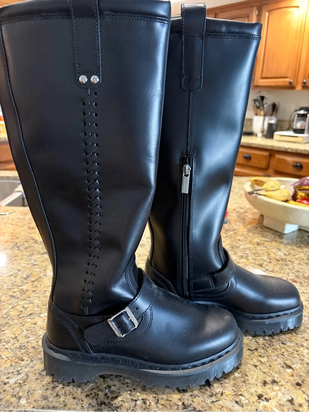 NWOT, Size 7, Dr. Martens Anistone Black Knee-High Orleans Leather Biker Boots